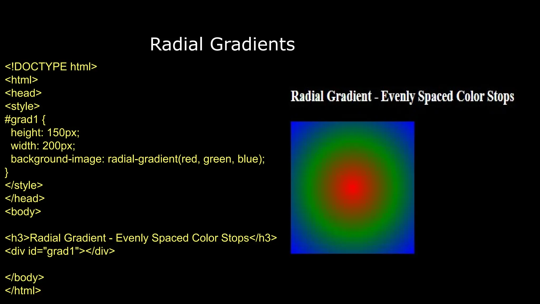 Radial Gradients
<!DOCTYPE html>
<html>
<head>
<style>
#grad1 {
height: 150px;
width: 200px;
background-image: radial-gradient(red, green, blue);
}
</style>
</head>
<body>
<h3>Radial Gradient - Evenly Spaced Color Stops</h3>
<div id="grad1"></div>
</body>
</html>
 