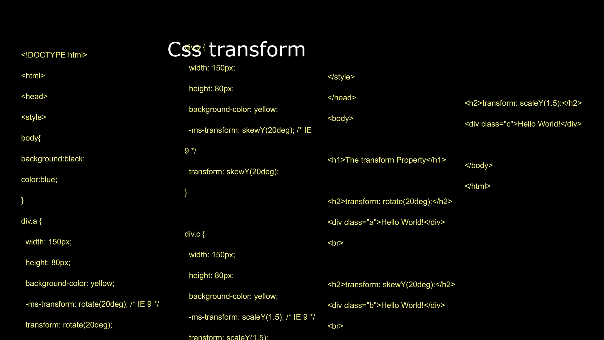 Css transform
<h2>transform: scaleY(1.5):</h2>
<div class="c">Hello World!</div>
</body>
</html>
div.b {
width: 150px;
height: 80px;
background-color: yellow;
-ms-transform: skewY(20deg); /* IE
9 */
transform: skewY(20deg);
}
div.c {
width: 150px;
height: 80px;
background-color: yellow;
-ms-transform: scaleY(1.5); /* IE 9 */
<!DOCTYPE html>
<html>
<head>
<style>
body{
background:black;
color:blue;
}
div.a {
width: 150px;
height: 80px;
background-color: yellow;
-ms-transform: rotate(20deg); /* IE 9 */
transform: rotate(20deg);
</style>
</head>
<body>
<h1>The transform Property</h1>
<h2>transform: rotate(20deg):</h2>
<div class="a">Hello World!</div>
<br>
<h2>transform: skewY(20deg):</h2>
<div class="b">Hello World!</div>
<br>
 