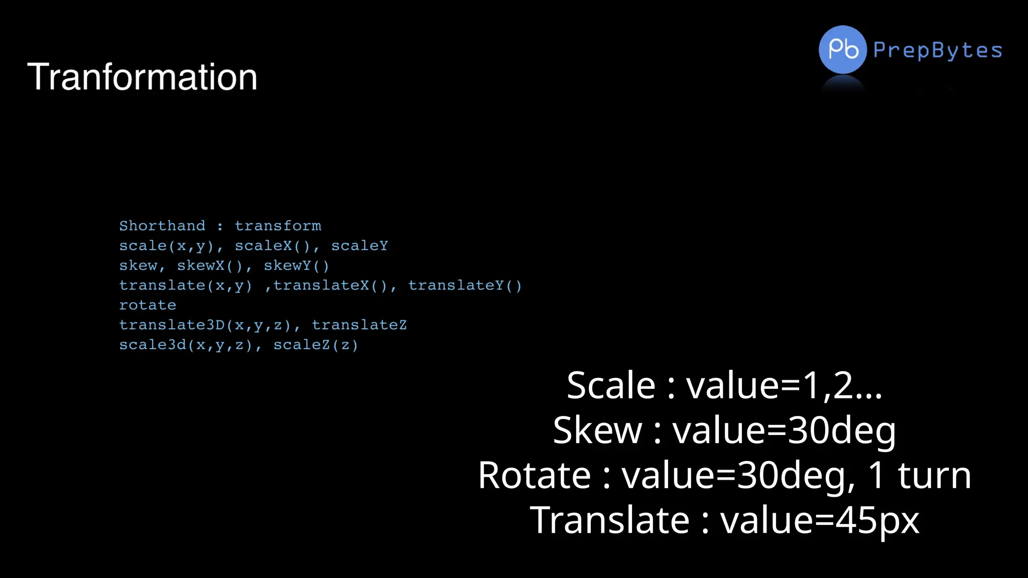 Scale : value=1,2…
Skew : value=30deg
Rotate : value=30deg, 1 turn
Translate : value=45px
 