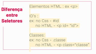 Diferença
entre
Seletores
Elementos HTML : ex <p>
ID’s :
ex: no Css - #id
no HTML - <p id= “id”>
Classes:
ex: no Css - .classe
no HTML - <p class=“classe”
 