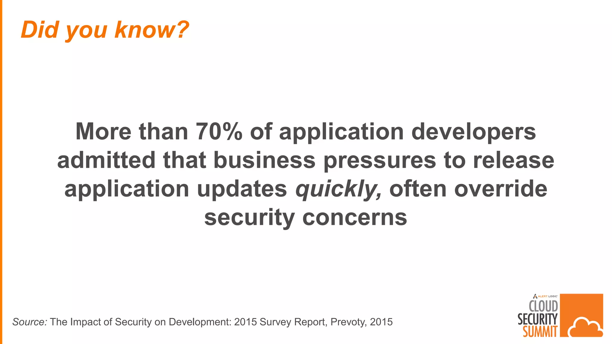 More than 70% of application developers
admitted that business pressures to release
application updates quickly, often override
security concerns
Did you know?
Source: The Impact of Security on Development: 2015 Survey Report, Prevoty, 2015
 
