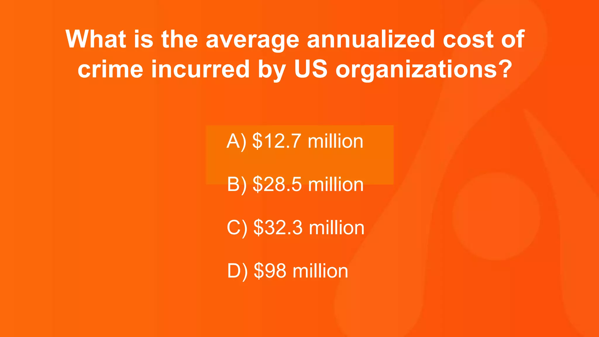 Thank you.
What is the average annualized cost of
crime incurred by US organizations?
A) $12.7 million
B) $28.5 million
C) $32.3 million
D) $98 million
 