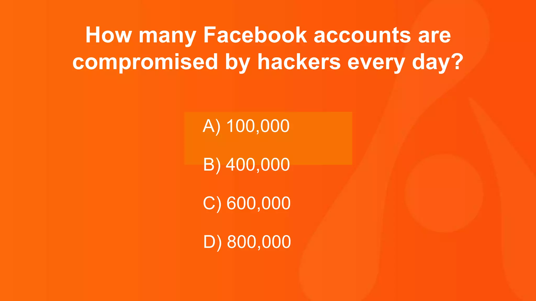 Thank you.
How many Facebook accounts are
compromised by hackers every day?
A) 100,000
B) 400,000
C) 600,000
D) 800,000
 