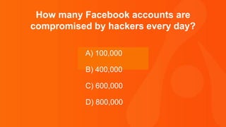 Thank you.
How many Facebook accounts are
compromised by hackers every day?
A) 100,000
B) 400,000
C) 600,000
D) 800,000
 