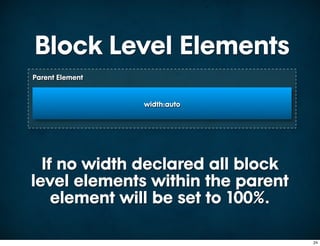 Block Level Elements
Parent Element


                 width:auto




  If no width declared all block
level elements within the parent
    element will be set to 100%.

                                   24
 
