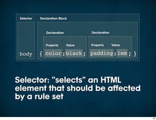 Selector   Declaration Block



                Declaration           Declaration


                Property      Value   Property      Value

 body       {   color :black ; padding:1em ; }




Selector: “selects” an HTML
element that should be affected
by a rule set

                                                            33
 