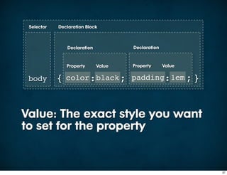 Selector   Declaration Block



                Declaration           Declaration


                Property      Value   Property      Value

 body       {   color :black ; padding:1em ; }



Value: The exact style you want
to set for the property


                                                            37
 