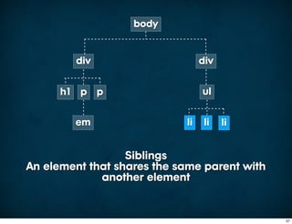 body


        div                      div


      h1 p p                     ul


        em                  li    li   li


                  Siblings
An element that shares the same parent with
             another element


                                              57
 