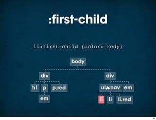 :first-child
li:first-child {color: red;}

                body

  div                       div

h1 p    p.red          ul nav em
                            #
  em                   li    li   li.red


                                           86
 