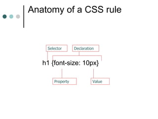 Anatomy of a CSS rule



    Selector      Declaration


   h1 {font-size: 10px}

       Property             Value
 