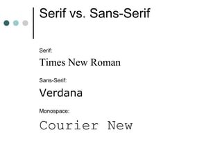 Serif vs. Sans-Serif

Serif:

Times New Roman
Sans-Serif:

Verdana
Monospace:

Courier New
 
