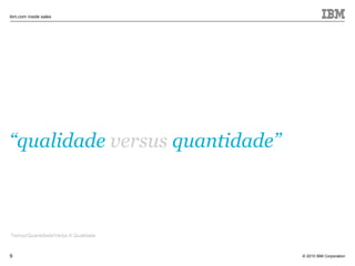 © 2010 IBM Corporation
ibm.com inside sales
9
“qualidade versus quantidade”
Tempo/Quantidade/Verba X Qualidade
 