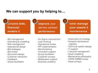 2 We can support you by helping to.... improve  your service contract  performance 2 3 - Bid management - Estimating & modelling - Risk management - Operational design - Bid strategies - Bid review - Document design - Customer interaction - Feedback - Group facilitation - Six Sigma improvement - Lean thinking - Operational review - KPI implementation - Benchmarking - Innovation support - Group facilitation - Customer surveys - Mobilisation support  - Business analytics better  manage your assets  &  maintenance - Asset policy & strategy - Forward maintenance  registers - Technical system design - IT support - Lifecycle management - Asset modelling - Maintenance philosophy - CAFM /CMMS review - Asset surveys complete  bids ,  financial models  &  proposals   1 
