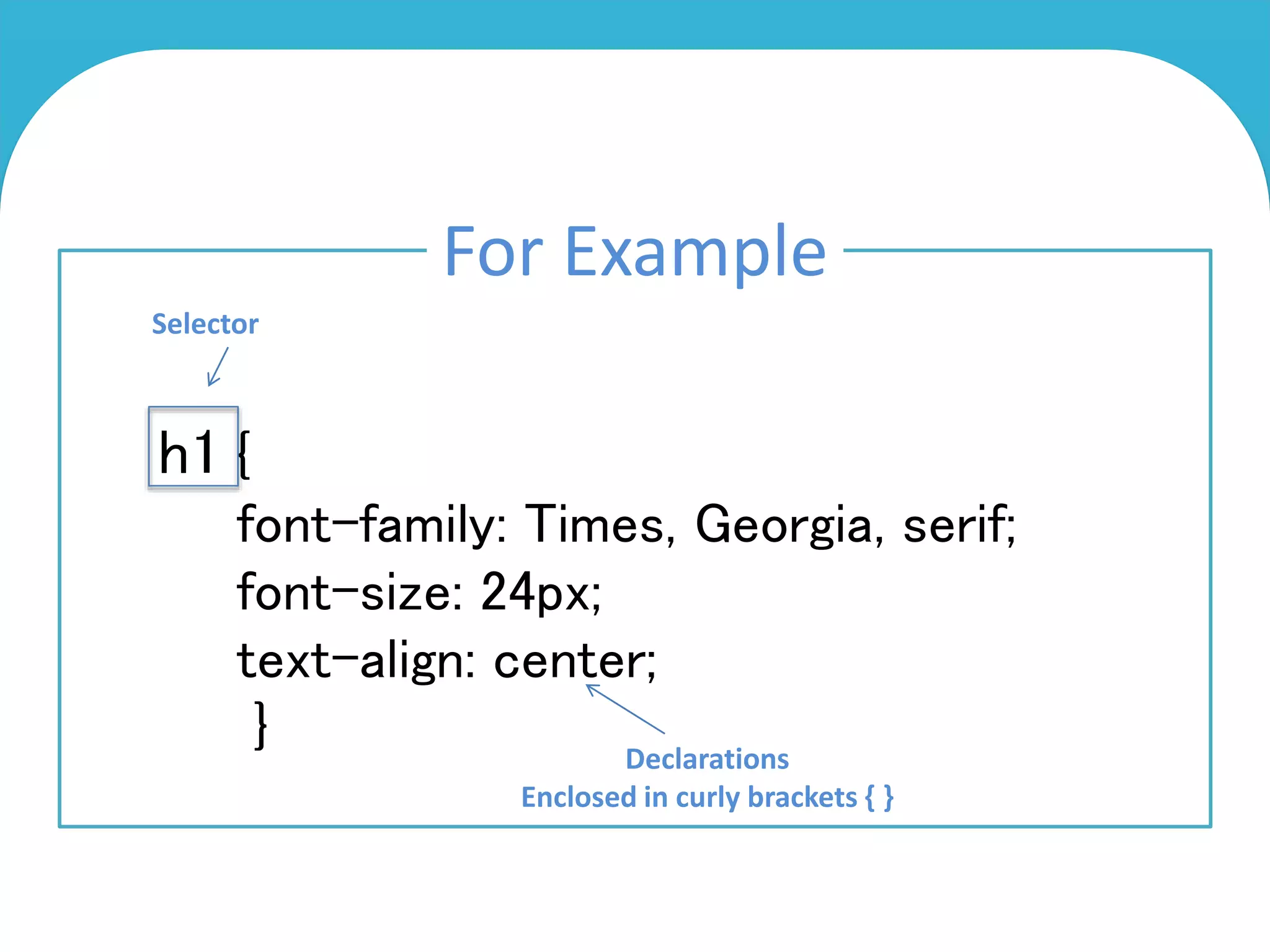 C S S
Cascading Style Sheets
Selector
For Example
{
font-family: Times, Georgia, serif;
font-size: 24px;
text-align: center;
}
h1
Declarations
Enclosed in curly brackets { }
Selector
 
