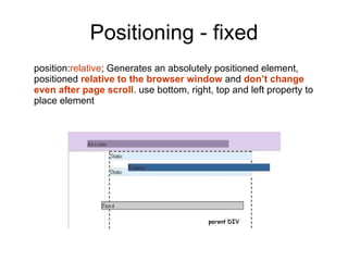 Positioning - fixed position: relative ; Generates an absolutely positioned element, positioned  relative to the browser window  and  don’t change even after page scroll . use bottom, right, top and left property to place element 