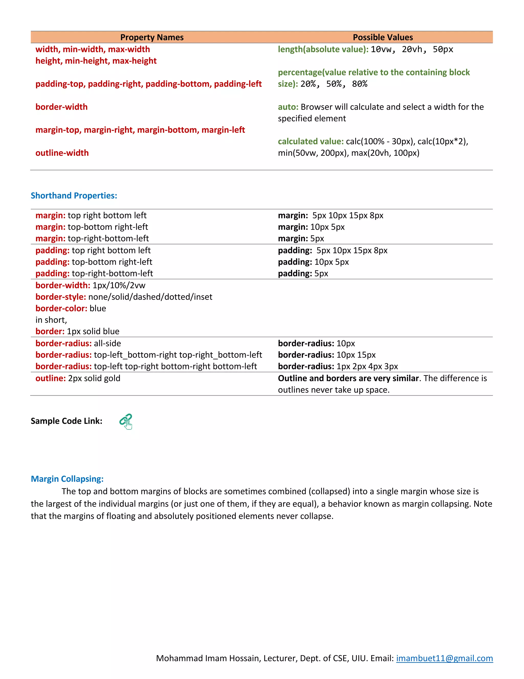 Mohammad Imam Hossain, Lecturer, Dept. of CSE, UIU. Email: imambuet11@gmail.com Property Names Possible Values width, min-width, max-width height, min-height, max-height padding-top, padding-right, padding-bottom, padding-left border-width margin-top, margin-right, margin-bottom, margin-left outline-width length(absolute value): 10vw, 20vh, 50px percentage(value relative to the containing block size): 20%, 50%, 80% auto: Browser will calculate and select a width for the specified element calculated value: calc(100% - 30px), calc(10px*2), min(50vw, 200px), max(20vh, 100px) Shorthand Properties: margin: top right bottom left margin: top-bottom right-left margin: top-right-bottom-left margin: 5px 10px 15px 8px margin: 10px 5px margin: 5px padding: top right bottom left padding: top-bottom right-left padding: top-right-bottom-left padding: 5px 10px 15px 8px padding: 10px 5px padding: 5px border-width: 1px/10%/2vw border-style: none/solid/dashed/dotted/inset border-color: blue in short, border: 1px solid blue border-radius: all-side border-radius: top-left_bottom-right top-right_bottom-left border-radius: top-left top-right bottom-right bottom-left border-radius: 10px border-radius: 10px 15px border-radius: 1px 2px 4px 3px outline: 2px solid gold Outline and borders are very similar. The difference is outlines never take up space. Sample Code Link: Margin Collapsing: The top and bottom margins of blocks are sometimes combined (collapsed) into a single margin whose size is the largest of the individual margins (or just one of them, if they are equal), a behavior known as margin collapsing. Note that the margins of floating and absolutely positioned elements never collapse. 