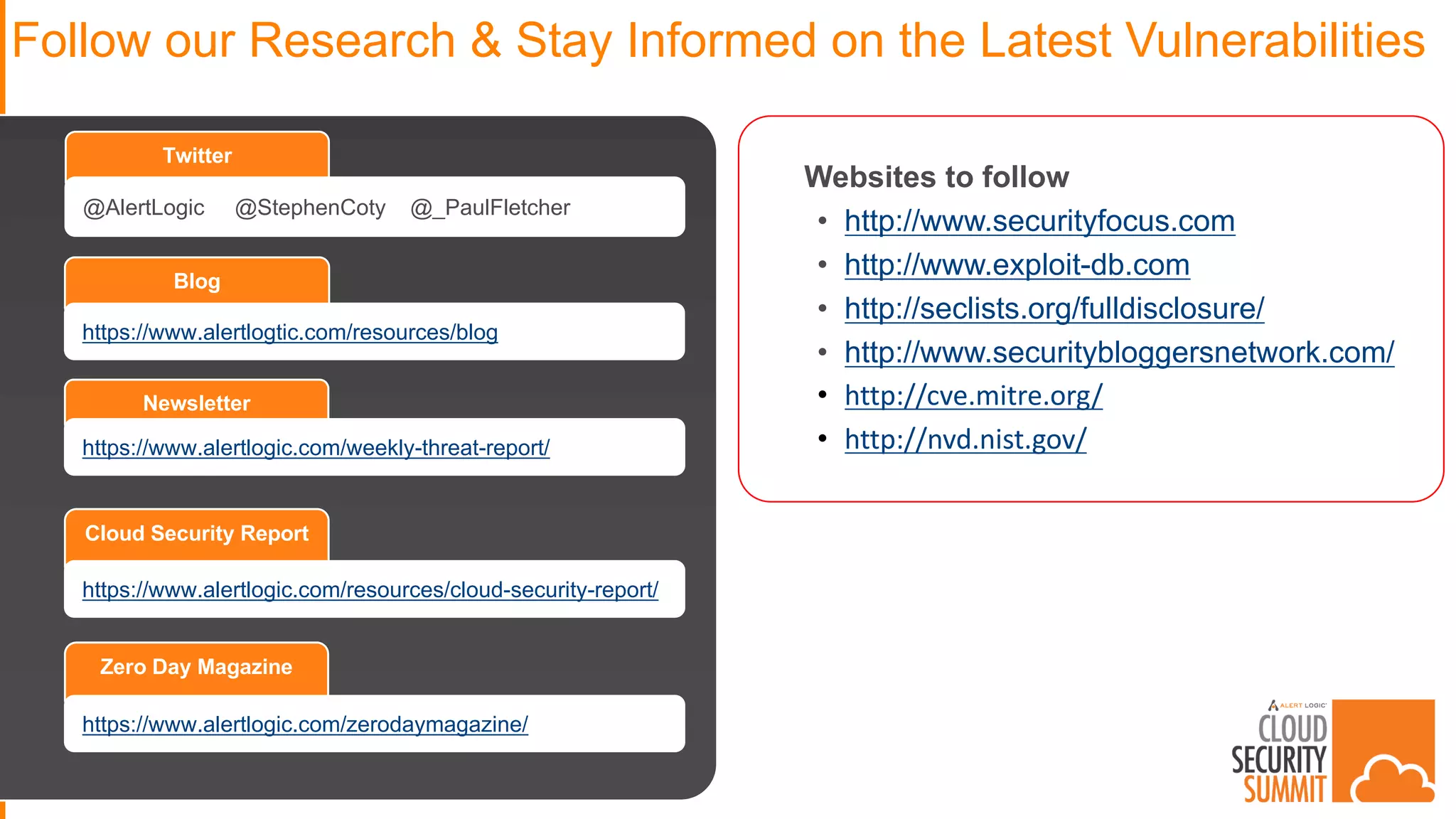 Follow our Research & Stay Informed on the Latest Vulnerabilities
Blog
https://www.alertlogtic.com/resources/blog
Newsletter
https://www.alertlogic.com/weekly-threat-report/
Cloud Security Report
https://www.alertlogic.com/resources/cloud-security-report/
Zero Day Magazine
https://www.alertlogic.com/zerodaymagazine/
Twitter
@AlertLogic @StephenCoty @_PaulFletcher
Websites to follow
• http://www.securityfocus.com
• http://www.exploit-db.com
• http://seclists.org/fulldisclosure/
• http://www.securitybloggersnetwork.com/
• http://cve.mitre.org/
• http://nvd.nist.gov/
 