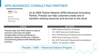 © 2017 Presidio, Inc. All rights reserved. Proprietary and Confidential.
APN ADVANCED CONSULTING PARTNER
• AWS National Systems Integrator
• 37+ AWS Technical Certifications
• 225+ APN Business Professional Accreditations
• AWS Partner Business Training
• 80+ APN Technical Professional Accreditations
• 7000% YoY growth in AWS
Presidio helps their AWS clients to capture
economic value from the digital
transformation of their businesses by
excelling in design architecture, migration,
and technical guidance while following best
practices.
As an AWS Partner Network (APN) Advanced Consulting
Partner, Presidio can help customers create new or
transition existing resources and services to the cloud.
STATUS KEY FACTS
Presidio + AWS -- Reserved Instance Program
 