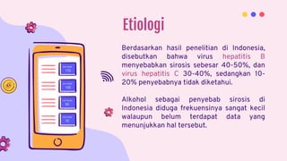 Berdasarkan hasil penelitian di Indonesia,
disebutkan bahwa virus hepatitis B
menyebabkan sirosis sebesar 40-50%, dan
virus hepatitis C 30-40%, sedangkan 10-
20% penyebabnya tidak diketahui.
Alkohol sebagai penyebab sirosis di
Indonesia diduga frekuensinya sangat kecil
walaupun belum terdapat data yang
menunjukkan hal tersebut.
Etiologi
 