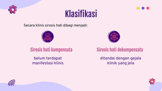 Klasifikasi
belum terdapat
manifestasi klinis
ditandai dengan gejala
klinik yang jela
Sirosis hati kompensata Sirosis hati dekompensata
Secara klinis sirosis hati dibagi menjadi:
 