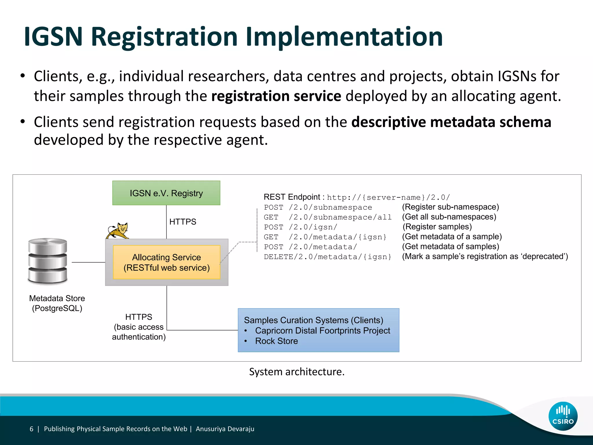 IGSN Registration Implementation
Publishing Physical Sample Records on the Web | Anusuriya Devaraju6 |
System architecture.
IGSN e.V. Registry
Metadata Store
(PostgreSQL)
HTTPS
HTTPS
(basic access
authentication)
Allocating Service
(RESTful web service)
REST Endpoint : http://{server-name}/2.0/
POST /2.0/subnamespace (Register sub-namespace)
GET /2.0/subnamespace/all (Get all sub-namespaces)
POST /2.0/igsn/ (Register samples)
GET /2.0/metadata/{igsn} (Get metadata of a sample)
POST /2.0/metadata/ (Get metadata of samples)
DELETE/2.0/metadata/{igsn} (Mark a sample’s registration as ‘deprecated’)
Samples Curation Systems (Clients)
• Capricorn Distal Foortprints Project
• Rock Store
• Clients, e.g., individual researchers, data centres and projects, obtain IGSNs for
their samples through the registration service deployed by an allocating agent.
• Clients send registration requests based on the descriptive metadata schema
developed by the respective agent.
 