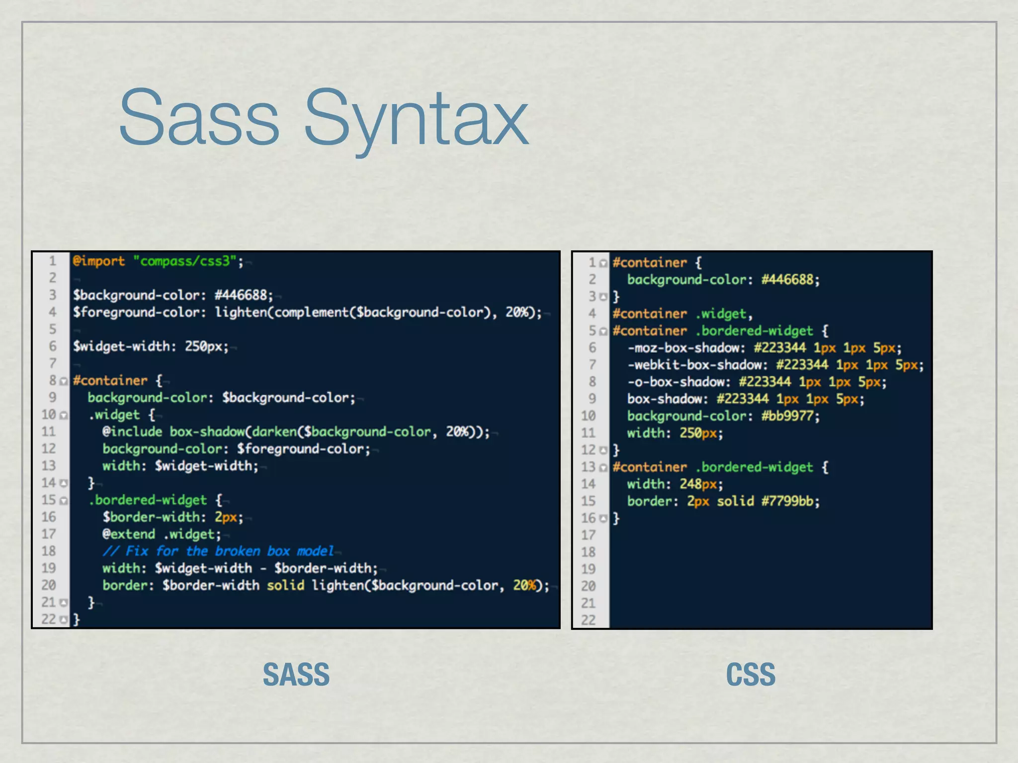Sass Syntax




   SASS       CSS
 