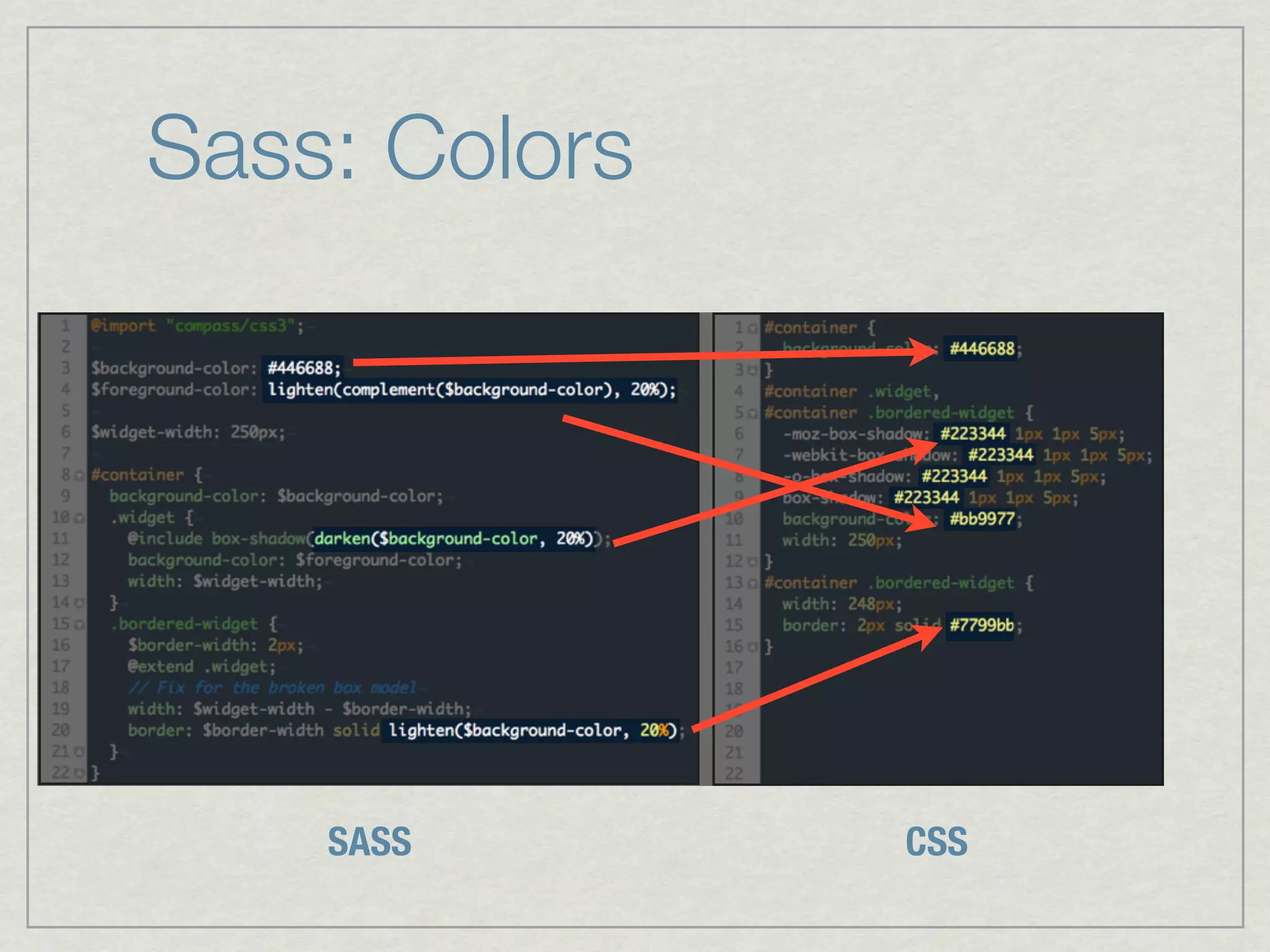 Sass: Colors




    SASS       CSS
 