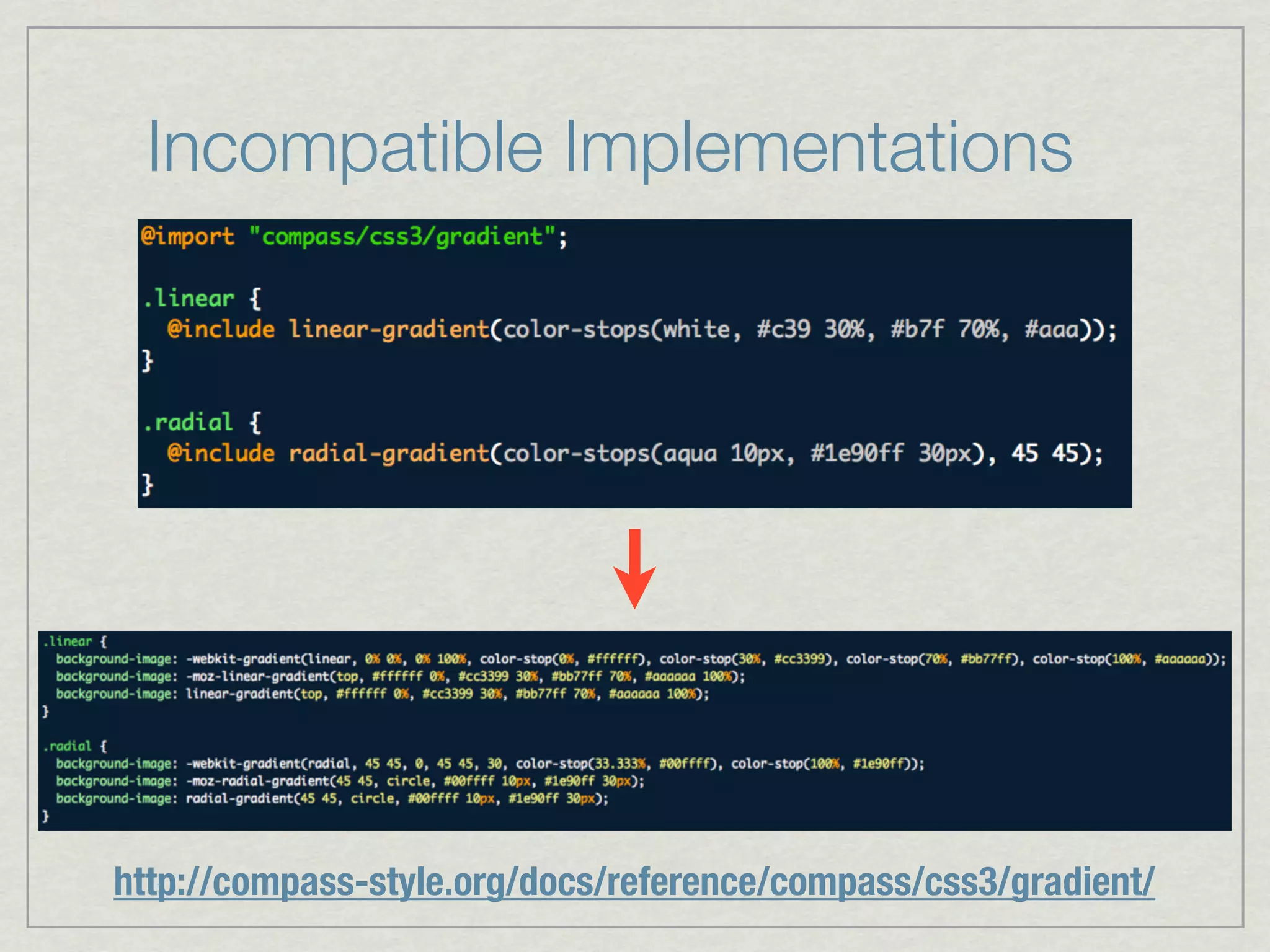 Incompatible Implementations




http://compass-style.org/docs/reference/compass/css3/gradient/
 