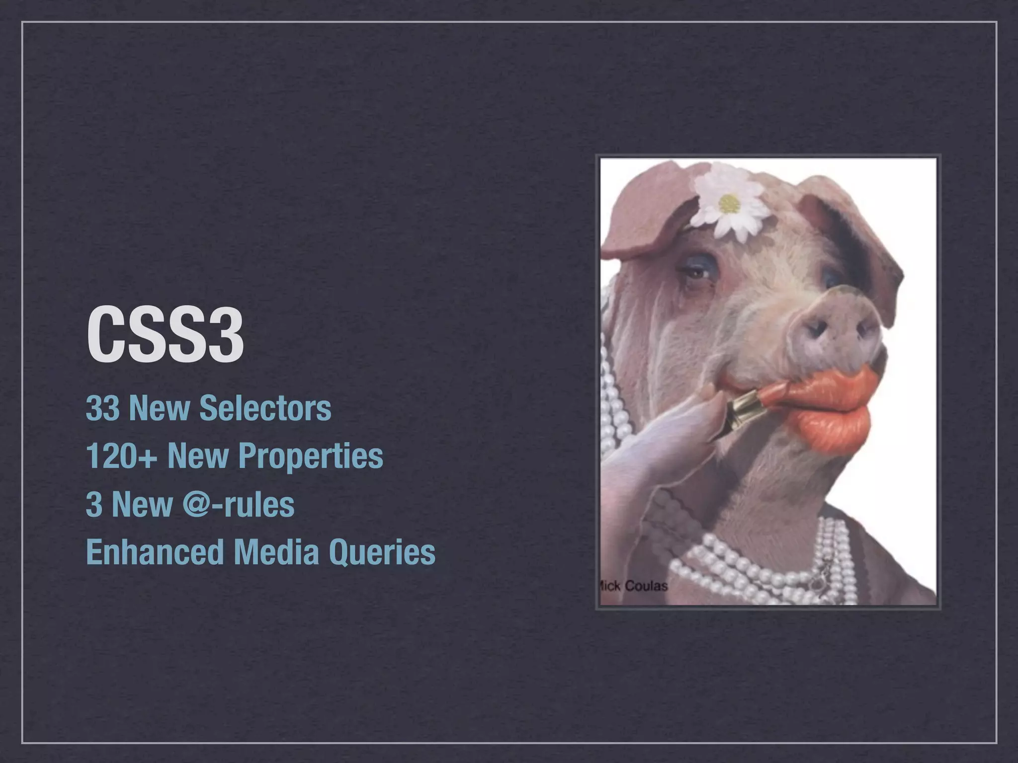 CSS3
33 New Selectors
120+ New Properties
3 New @-rules
Enhanced Media Queries
 
