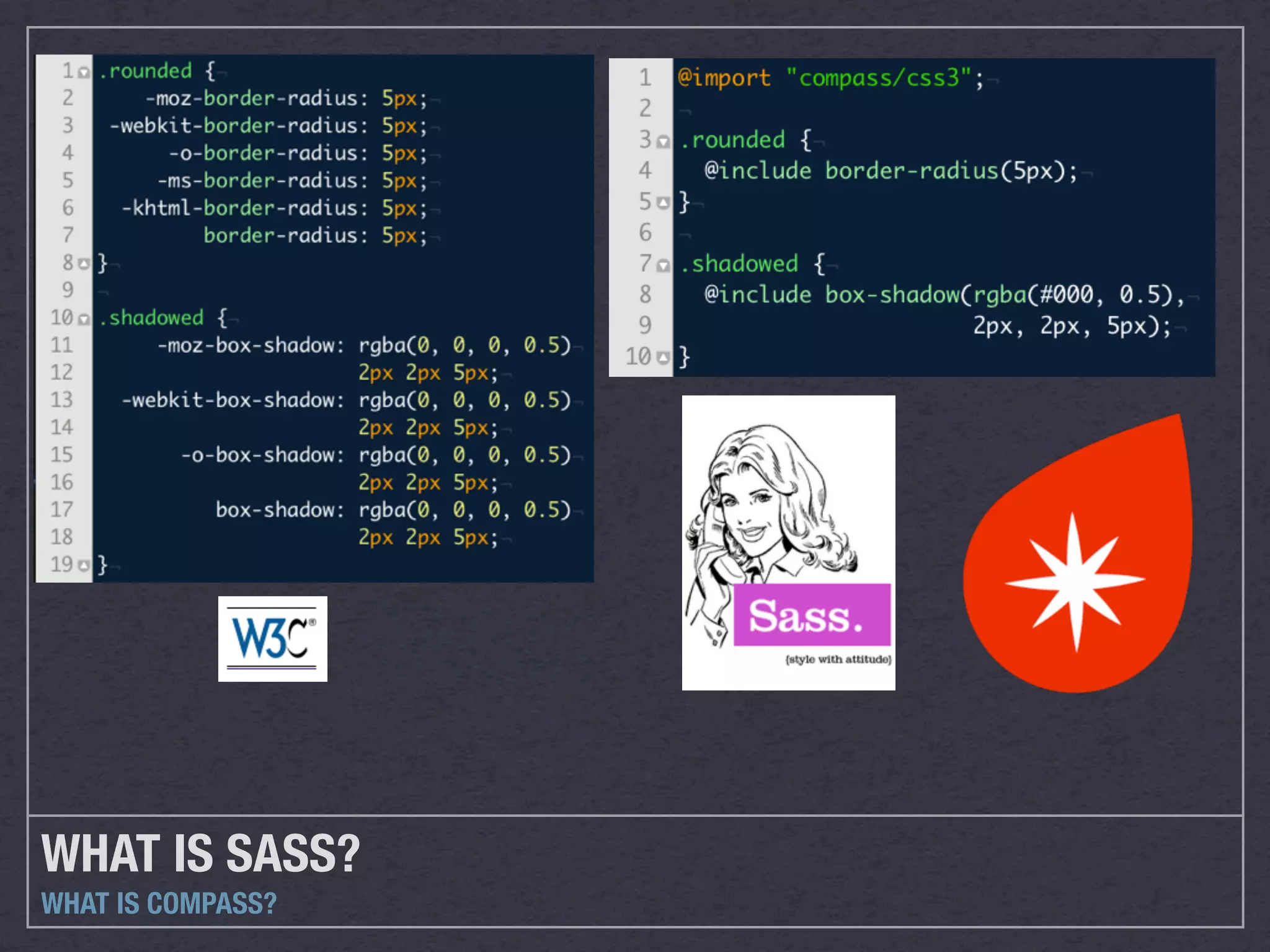 WHAT IS SASS?
WHAT IS COMPASS?
 