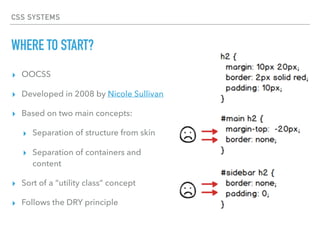 CSS SYSTEMS
WHERE TO START?
▸ OOCSS
▸ Developed in 2008 by Nicole Sullivan
▸ Based on two main concepts:
▸ Separation of structure from skin
▸ Separation of containers and
content
▸ Sort of a “utility class” concept
▸ Follows the DRY principle
 