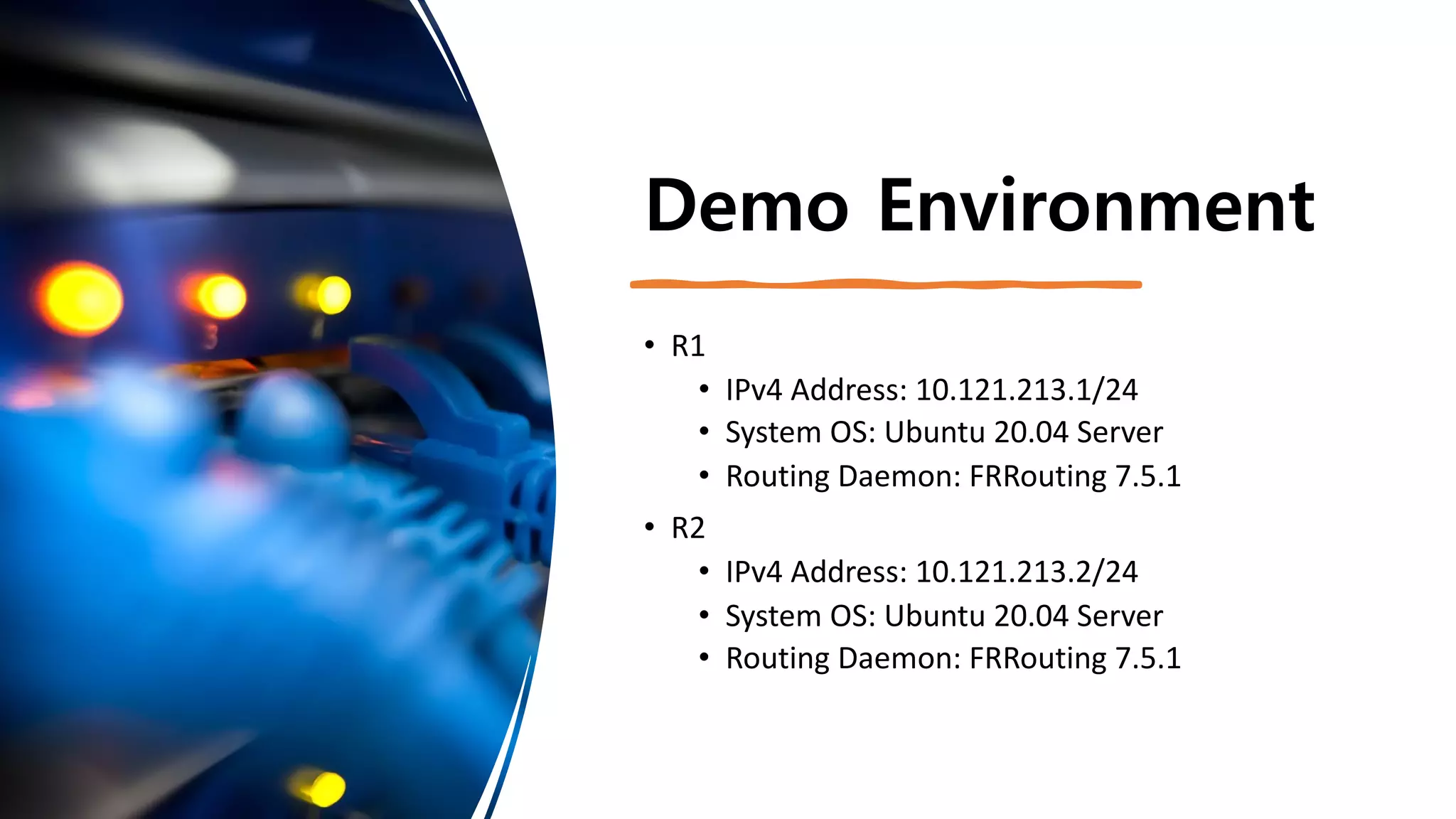 Demo Environment
• R1
• IPv4 Address: 10.121.213.1/24
• System OS: Ubuntu 20.04 Server
• Routing Daemon: FRRouting 7.5.1
• R2
• IPv4 Address: 10.121.213.2/24
• System OS: Ubuntu 20.04 Server
• Routing Daemon: FRRouting 7.5.1
 