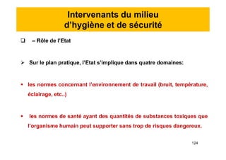 Intervenants du milieu
d’hygiène et de sécurité
 – Rôle de l’Etat
 Sur le plan pratique, l’Etat s’implique dans quatre domaines:
 les normes concernant l’environnement de travail (bruit, température,
éclairage, etc..)
 les normes de santé ayant des quantités de substances toxiques que
l’organisme humain peut supporter sans trop de risques dangereux.
 – Rôle de l’Etat
 Sur le plan pratique, l’Etat s’implique dans quatre domaines:
 les normes concernant l’environnement de travail (bruit, température,
éclairage, etc..)
 les normes de santé ayant des quantités de substances toxiques que
l’organisme humain peut supporter sans trop de risques dangereux.
124
 