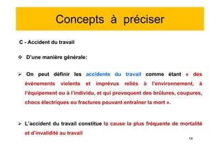Concepts à préciser
C - Accident du travail
 D’une manière générale:
 On peut définir les accidents du travail comme étant « des
événements violents et imprévus reliés à l’environnement, à
l’équipement ou à l’individu, et qui provoquent des brûlures, coupures,
chocs électriques ou fractures pouvant entraîner la mort ».
 L’accident du travail constitue la cause la plus fréquente de mortalité
et d’invalidité au travail
C - Accident du travail
 D’une manière générale:
 On peut définir les accidents du travail comme étant « des
événements violents et imprévus reliés à l’environnement, à
l’équipement ou à l’individu, et qui provoquent des brûlures, coupures,
chocs électriques ou fractures pouvant entraîner la mort ».
 L’accident du travail constitue la cause la plus fréquente de mortalité
et d’invalidité au travail
14
 