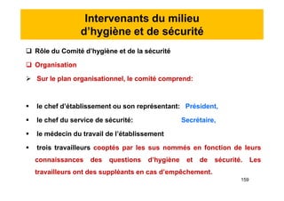 Intervenants du milieu
d’hygiène et de sécurité
 Rôle du Comité d’hygiène et de la sécurité
 Organisation
 Sur le plan organisationnel, le comité comprend:
 le chef d’établissement ou son représentant: Président,
 le chef du service de sécurité: Secrétaire,
 le médecin du travail de l’établissement
 trois travailleurs cooptés par les sus nommés en fonction de leurs
connaissances des questions d’hygiène et de sécurité. Les
travailleurs ont des suppléants en cas d’empêchement.
 Rôle du Comité d’hygiène et de la sécurité
 Organisation
 Sur le plan organisationnel, le comité comprend:
 le chef d’établissement ou son représentant: Président,
 le chef du service de sécurité: Secrétaire,
 le médecin du travail de l’établissement
 trois travailleurs cooptés par les sus nommés en fonction de leurs
connaissances des questions d’hygiène et de sécurité. Les
travailleurs ont des suppléants en cas d’empêchement.
159
 