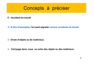 Concepts à préciser
C - Accident du travail
 A titre d’exemples, l’on peut signaler comme accidents de travail:
 Chute d’objets ou de matériaux;
 Coinçage dans, sous ou entre des objets ou des matériaux;
C - Accident du travail
 A titre d’exemples, l’on peut signaler comme accidents de travail:
 Chute d’objets ou de matériaux;
 Coinçage dans, sous ou entre des objets ou des matériaux;
16
 