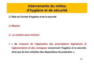 Intervenants du milieu
d’hygiène et de sécurité
 Rôle du Comité d’hygiène et de la sécurité
 Mission
 Le comité a pour mission:
 « de s’assurer de l’application des prescriptions législatives et
réglementaires et des consignes concernant l’hygiène et la sécurité,
ainsi que du bon entretien des dispositions de protection »,
 Rôle du Comité d’hygiène et de la sécurité
 Mission
 Le comité a pour mission:
 « de s’assurer de l’application des prescriptions législatives et
réglementaires et des consignes concernant l’hygiène et la sécurité,
ainsi que du bon entretien des dispositions de protection »,
162
 