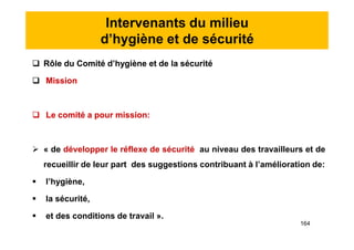 Intervenants du milieu
d’hygiène et de sécurité
 Rôle du Comité d’hygiène et de la sécurité
 Mission
 Le comité a pour mission:
 « de développer le réflexe de sécurité au niveau des travailleurs et de
recueillir de leur part des suggestions contribuant à l’amélioration de:
 l’hygiène,
 la sécurité,
 et des conditions de travail ».
 Rôle du Comité d’hygiène et de la sécurité
 Mission
 Le comité a pour mission:
 « de développer le réflexe de sécurité au niveau des travailleurs et de
recueillir de leur part des suggestions contribuant à l’amélioration de:
 l’hygiène,
 la sécurité,
 et des conditions de travail ».
164
 