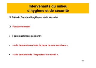 Intervenants du milieu
d’hygiène et de sécurité
 Rôle du Comité d’hygiène et de la sécurité
 Fonctionnement
 Il peut également se réunir:
 « à la demande motivée de deux de ses membres ».
 « à la demande de l’inspecteur du travail ».
 Rôle du Comité d’hygiène et de la sécurité
 Fonctionnement
 Il peut également se réunir:
 « à la demande motivée de deux de ses membres ».
 « à la demande de l’inspecteur du travail ».
167
 