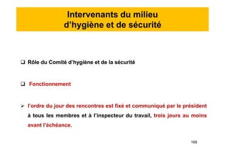 Intervenants du milieu
d’hygiène et de sécurité
 Rôle du Comité d’hygiène et de la sécurité
 Fonctionnement
 l’ordre du jour des rencontres est fixé et communiqué par le président
à tous les membres et à l’inspecteur du travail, trois jours au moins
avant l’échéance.
 Rôle du Comité d’hygiène et de la sécurité
 Fonctionnement
 l’ordre du jour des rencontres est fixé et communiqué par le président
à tous les membres et à l’inspecteur du travail, trois jours au moins
avant l’échéance.
168
 