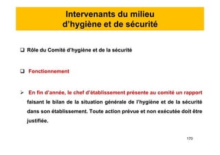 Intervenants du milieu
d’hygiène et de sécurité
 Rôle du Comité d’hygiène et de la sécurité
 Fonctionnement
 En fin d’année, le chef d’établissement présente au comité un rapport
faisant le bilan de la situation générale de l’hygiène et de la sécurité
dans son établissement. Toute action prévue et non exécutée doit être
justifiée.
 Rôle du Comité d’hygiène et de la sécurité
 Fonctionnement
 En fin d’année, le chef d’établissement présente au comité un rapport
faisant le bilan de la situation générale de l’hygiène et de la sécurité
dans son établissement. Toute action prévue et non exécutée doit être
justifiée.
170
 