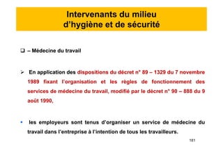 Intervenants du milieu
d’hygiène et de sécurité
 – Médecine du travail
 En application des dispositions du décret n° 89 – 1329 du 7 novembre
1989 fixant l’organisation et les règles de fonctionnement des
services de médecine du travail, modifié par le décret n° 90 – 888 du 9
août 1990,
 les employeurs sont tenus d’organiser un service de médecine du
travail dans l’entreprise à l’intention de tous les travailleurs.
 – Médecine du travail
 En application des dispositions du décret n° 89 – 1329 du 7 novembre
1989 fixant l’organisation et les règles de fonctionnement des
services de médecine du travail, modifié par le décret n° 90 – 888 du 9
août 1990,
 les employeurs sont tenus d’organiser un service de médecine du
travail dans l’entreprise à l’intention de tous les travailleurs.
181
 