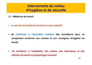 Intervenants du milieu
d’hygiène et de sécurité
 – Médecine du travail
 Le service de médecine du travail a pour objectif:
 de contribuer à l’éducation sanitaire des travailleurs pour un
comportent conforme aux normes et aux consignes d’hygiène du
travail;
 de contribuer à l’adaptation des postes, des techniques et des
rythmes de travail à la physiologie humaine.
 – Médecine du travail
 Le service de médecine du travail a pour objectif:
 de contribuer à l’éducation sanitaire des travailleurs pour un
comportent conforme aux normes et aux consignes d’hygiène du
travail;
 de contribuer à l’adaptation des postes, des techniques et des
rythmes de travail à la physiologie humaine.
184
 