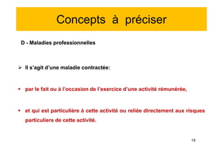 Concepts à préciser
D - Maladies professionnelles
 Il s’agit d’une maladie contractée:
 par le fait ou à l’occasion de l’exercice d’une activité rémunérée,
 et qui est particulière à cette activité ou reliée directement aux risques
particuliers de cette activité.
D - Maladies professionnelles
 Il s’agit d’une maladie contractée:
 par le fait ou à l’occasion de l’exercice d’une activité rémunérée,
 et qui est particulière à cette activité ou reliée directement aux risques
particuliers de cette activité.
19
 
