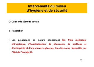 Intervenants du milieu
d’hygiène et de sécurité
 Caisse de sécurité sociale
 Réparation
 Les prestations en nature concernent les frais médicaux,
chirurgicaux, d’hospitalisation, de pharmacie, de prothèse et
d’orthopédie et d’une manière générale, tous les soins nécessités par
l’état de l’accidenté.
 Caisse de sécurité sociale
 Réparation
 Les prestations en nature concernent les frais médicaux,
chirurgicaux, d’hospitalisation, de pharmacie, de prothèse et
d’orthopédie et d’une manière générale, tous les soins nécessités par
l’état de l’accidenté.
196
 