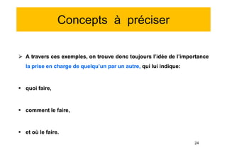 Concepts à préciser
 A travers ces exemples, on trouve donc toujours l’idée de l’importance
la prise en charge de quelqu’un par un autre, qui lui indique:
 quoi faire,
 comment le faire,
 et où le faire.
 A travers ces exemples, on trouve donc toujours l’idée de l’importance
la prise en charge de quelqu’un par un autre, qui lui indique:
 quoi faire,
 comment le faire,
 et où le faire.
24
 