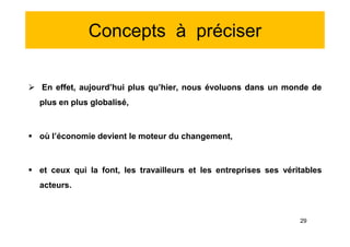 Concepts à préciser
 En effet, aujourd’hui plus qu’hier, nous évoluons dans un monde de
plus en plus globalisé,
 où l’économie devient le moteur du changement,
 et ceux qui la font, les travailleurs et les entreprises ses véritables
acteurs.
 En effet, aujourd’hui plus qu’hier, nous évoluons dans un monde de
plus en plus globalisé,
 où l’économie devient le moteur du changement,
 et ceux qui la font, les travailleurs et les entreprises ses véritables
acteurs.
29
 