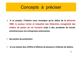Concepts à préciser
 A ce propos, l’histoire nous renseigne qu’au début de la décennie
1960, le secteur minier et industriel des Etats-Unis enregistrait des
milliers de pertes de vie humaine suite à des accidents de travail,
entraînant pour les entreprises américaines:
 des pertes de production
 et une baisse des chiffres d’affaires de plusieurs milliards de dollars.
 A ce propos, l’histoire nous renseigne qu’au début de la décennie
1960, le secteur minier et industriel des Etats-Unis enregistrait des
milliers de pertes de vie humaine suite à des accidents de travail,
entraînant pour les entreprises américaines:
 des pertes de production
 et une baisse des chiffres d’affaires de plusieurs milliards de dollars.
31
 