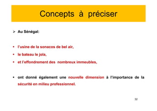 Concepts à préciser
 Au Sénégal:
 l’usine de la sonacos de bel air,
 le bateau le jola,
 et l’effondrement des nombreux immeubles,
 ont donné également une nouvelle dimension à l’importance de la
sécurité en milieu professionnel.
 Au Sénégal:
 l’usine de la sonacos de bel air,
 le bateau le jola,
 et l’effondrement des nombreux immeubles,
 ont donné également une nouvelle dimension à l’importance de la
sécurité en milieu professionnel.
32
 