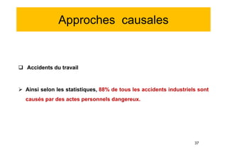Approches causales
 Accidents du travail
 Ainsi selon les statistiques, 88% de tous les accidents industriels sont
causés par des actes personnels dangereux.
 Accidents du travail
 Ainsi selon les statistiques, 88% de tous les accidents industriels sont
causés par des actes personnels dangereux.
37
 